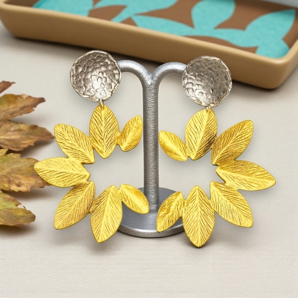 🆕️Turkish Stunning Handmade Artisan 18K Gold Plated Brass Fine Leaf Earrings - Picture 9 of 15